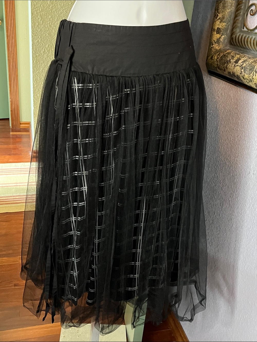 Black Plaid Skirt  With Sheer Tulle Overlay - Japanese Fashion